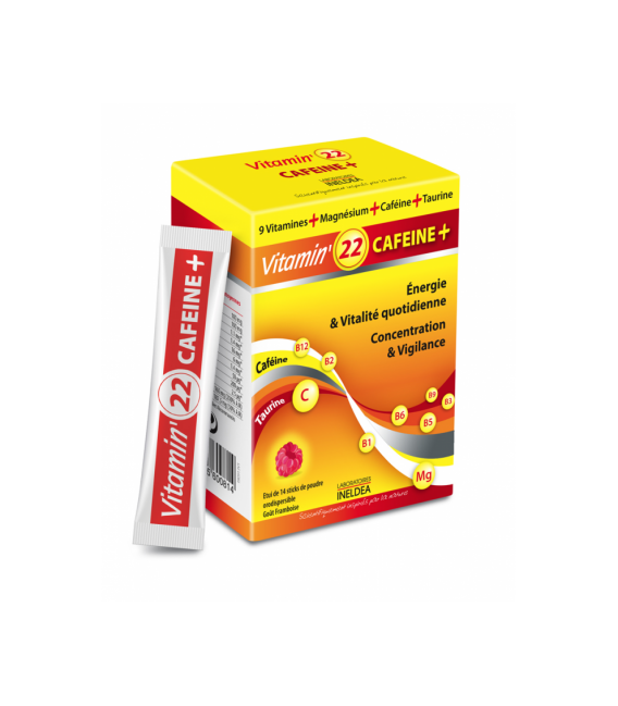 Vitamin 22 Cafeine Plus 14 Sticks de Poudre Orodispersible Gout Framboise