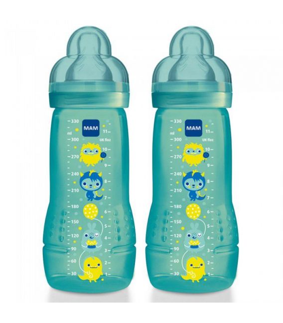 MAM Biberon 2ème Age Bleu Tétine Débit X Lot de 2x330 Ml